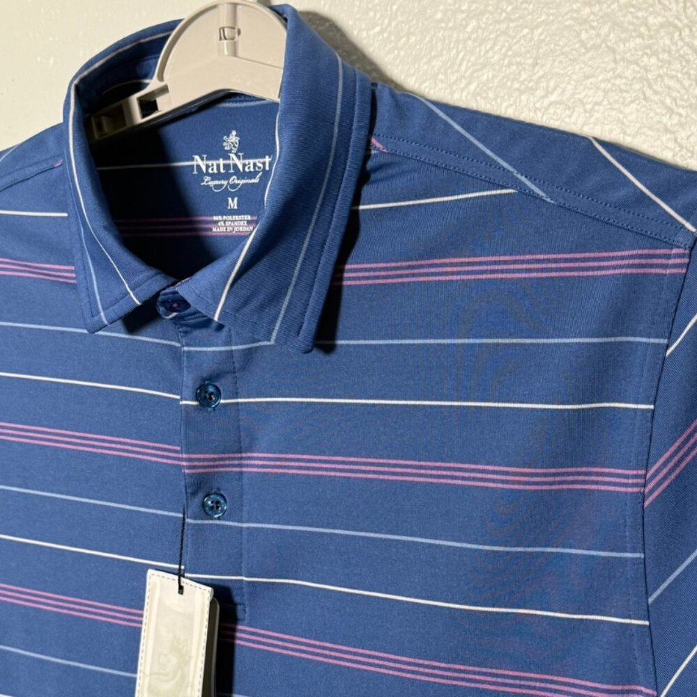 Nat Nast Men's Size Medium Golf Polo Brand New With Tags Blue and Pink Stripe
